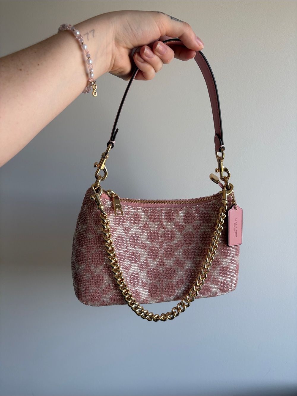 Coach Pink Jacquard Chain Shoulder Bag with Gold Hardware